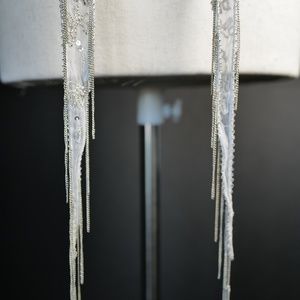 Chan Luu Skinny Scarf Grey Silver Beaded Embroidered Floral Metal Fringe 70"